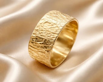Handcrafted Gold Wedding Band: Sculpted Rustic Texture, 9mm Solid Gold