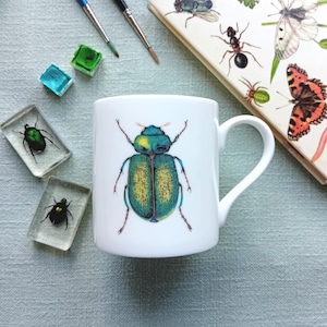 Bone China Green Beetle Mug from an original watercolour design