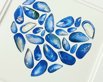 Blue Heart - Giclee Print - Home Decor - Coastal Art - Mussel Shell Designs