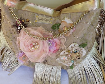 Luxury Handbag - LilyGold, Fashion, Leather, Nelly'sBags, Gold lace, Roses, Boho,Gold color,Shoulder Bag,Chain,Fringes, Acrylic stones,Jypsy