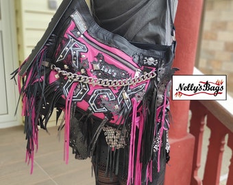 Nelly'sBags, Rock, Bright pink, black leather, Rock Bag, fringes, crossbody, GOTHIC, boho, New Italian soft leather, chain, leather lace