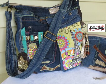 Nelly'sBags, Denim bag, Punk, Gothic, Designed Mandala, La Paris, Gold tassel, Crossbody, Double-sided, Recycled, Metal button + clutch bag