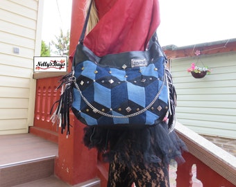 Nelly'sBags Patchwork Denim Handbag, Leather, Boho, Hippie, Crossbody, One of a kind, Vintage, Recycled denim, Leather Fringes, Urban, Chain
