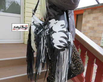 Nelly'sBags, Lion head with fringe mane, white and black leather, boho bag, leather hobo bag, designer, one of a kind, hippie, rock, punk