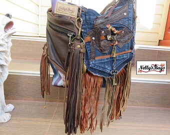 Nelly'sBags, Denim Handbag, Boho, Hippie, Patchwork, Cowboy, Western, Crossbody, Leather, Recycled, Gothic, Vintage, Leather Fringe, Urban