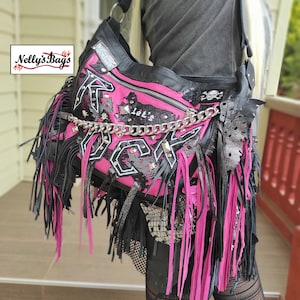 Nelly'sBags, Rock, Bright pink, black leather, Rock Bag, fringes, crossbody, GOTHIC, boho, New Italian soft leather, chain, leather lace zdjęcie 2