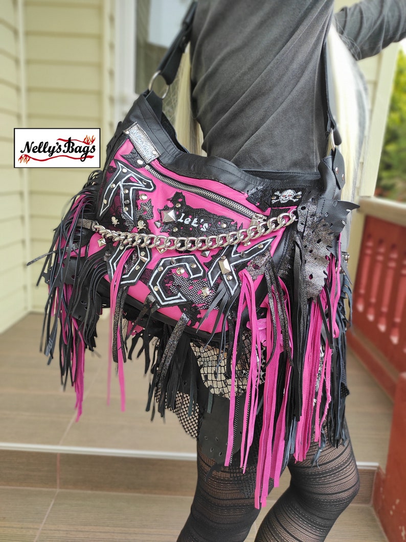 Nelly'sBags, Rock, Bright pink, black leather, Rock Bag, fringes, crossbody, GOTHIC, boho, New Italian soft leather, chain, leather lace zdjęcie 2