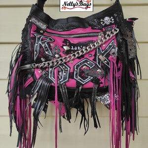 Nelly'sBags, Rock, Bright pink, black leather, Rock Bag, fringes, crossbody, GOTHIC, boho, New Italian soft leather, chain, leather lace zdjęcie 5