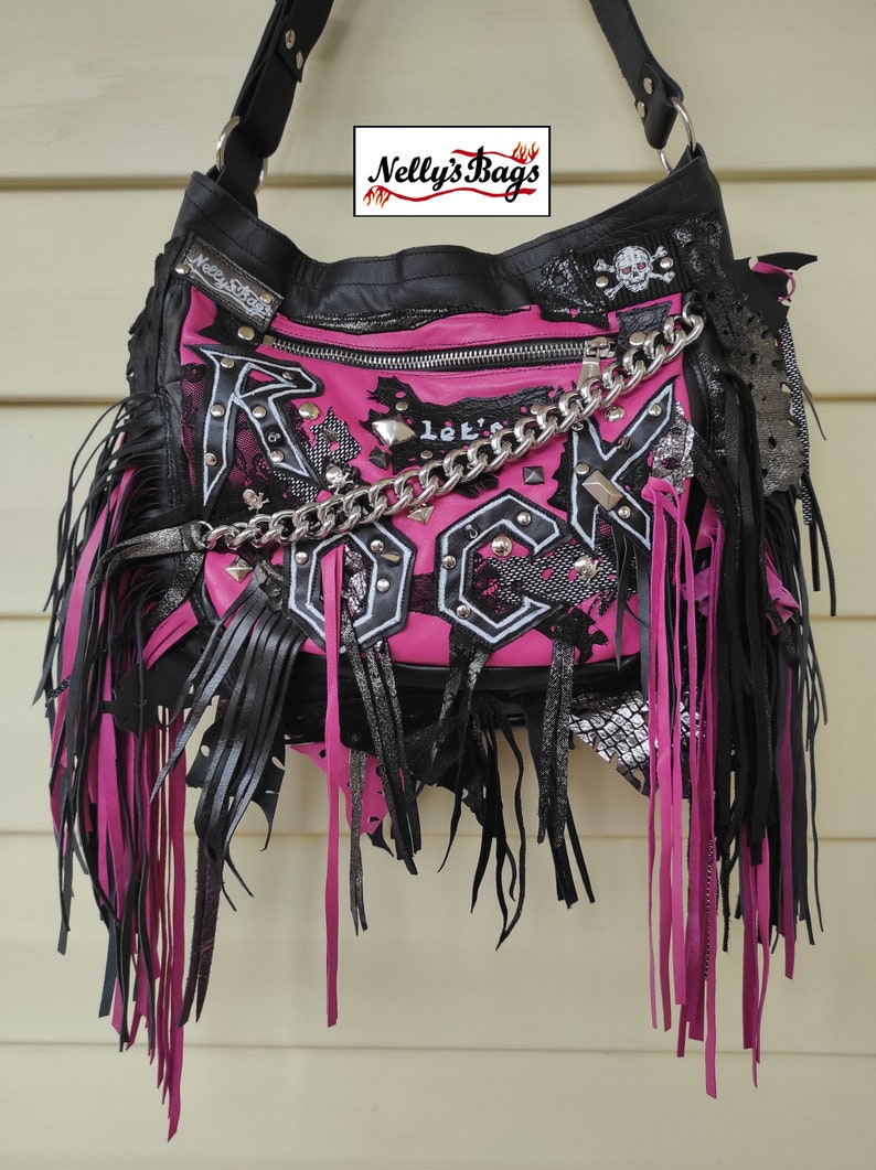 Nelly'sBags, Rock, Bright pink, black leather, Rock Bag, fringes, crossbody, GOTHIC, boho, New Italian soft leather, chain, leather lace zdjęcie 5