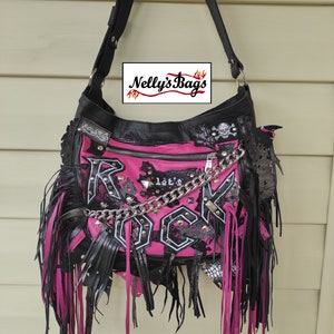 Nelly'sBags, Rock, Bright pink, black leather, Rock Bag, fringes, crossbody, GOTHIC, boho, New Italian soft leather, chain, leather lace zdjęcie 6