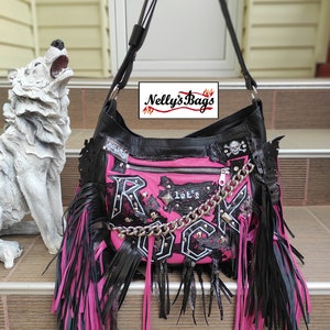 Nelly'sBags, Rock, Bright pink, black leather, Rock Bag, fringes, crossbody, GOTHIC, boho, New Italian soft leather, chain, leather lace zdjęcie 7