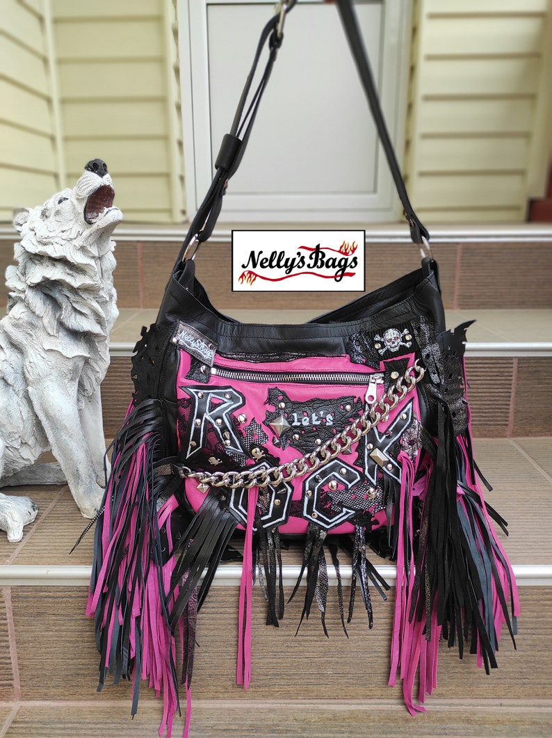 Nelly'sBags, Rock, Bright pink, black leather, Rock Bag, fringes, crossbody, GOTHIC, boho, New Italian soft leather, chain, leather lace zdjęcie 7