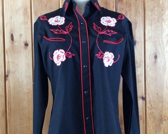Vintage KARMAN Mens Black and White Embroidered Arrow Pearl Snap Western Shirt M L