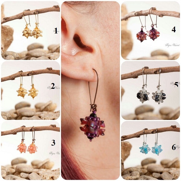 Earrings, dangle earrings, seed bead earrings, beaded jewelry, blue, gold earrings, pink earrings, bridesmaid jewelry, romantic earrings
