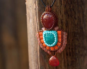 Beadwork Embroidery Pendant with agate and amazonite, orange jewelry, orange and blue jewelry, beautiful pendant,