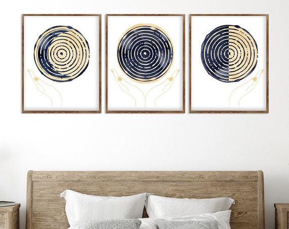Printable Art, Set of 3 Moon Phases, Moon Decor Bedroom, Moon Phases Print, Living Room Wall Art, Lunar Phases Wall Art, Navy Blue Moon Art