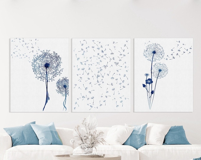 Dandelion Art, 3 Piece Dandelion Wall Art, Dandelion Poster, Minimalist Art, Bedroom Decor, Large Wall Art, Flower Print, Blue Floral Print
