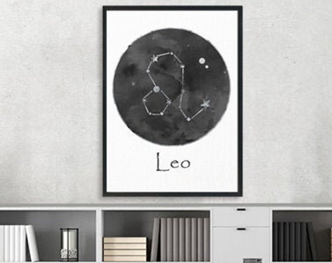 Leo Personalized, Black White Wall Art, Zodiac Sign Print, Art Print, Birth Month, Astrology Print, Zodiac Art, Celestial Art