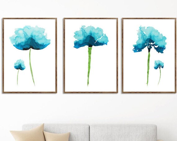 Set Of 3 Art Prints, Teal Décor, Abstract Flower, Botanical Print, Flower Painting, Wall Art, Floral Room Décor, Minimalist Art