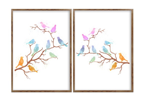 Bird On Branch, Giclee Art Print, Set of 2, Pastel Rainbow Poster, Watercolor Painting, Sparrows Image, Birds Wall Art, Kids Room Decor
