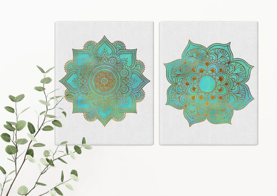 Mandala Art Print, Set Of 2 Prints, Meditation Gift, Spiritual Art Print, Sacred Geometry Large Canvas Art, Studio Décor, Turquoise Décor