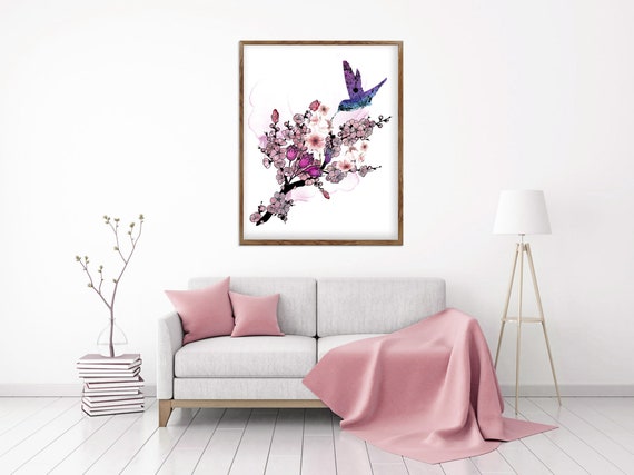 Hummingbird Art Print, Oversized Wall Art, Cherry Blossom Painting, Wildlife Art, Ink Art Canvas, Bird Lover Gift