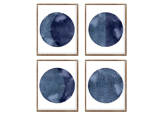 Lunar Phases Wall Art, Set of 4, Blue Moon Prints, High-Quality Moon Phases Poster, La Lune, Sacred Moon Flower of Life Above Bed Home Decor