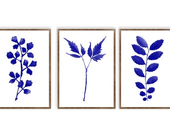 Navy Blue Leaves, Set of 3, Plant Prints, Kitchen Decor, Farmhouse Decor, Minimalist Art, Botanical Print, Living Room Wall Art, Bathroom