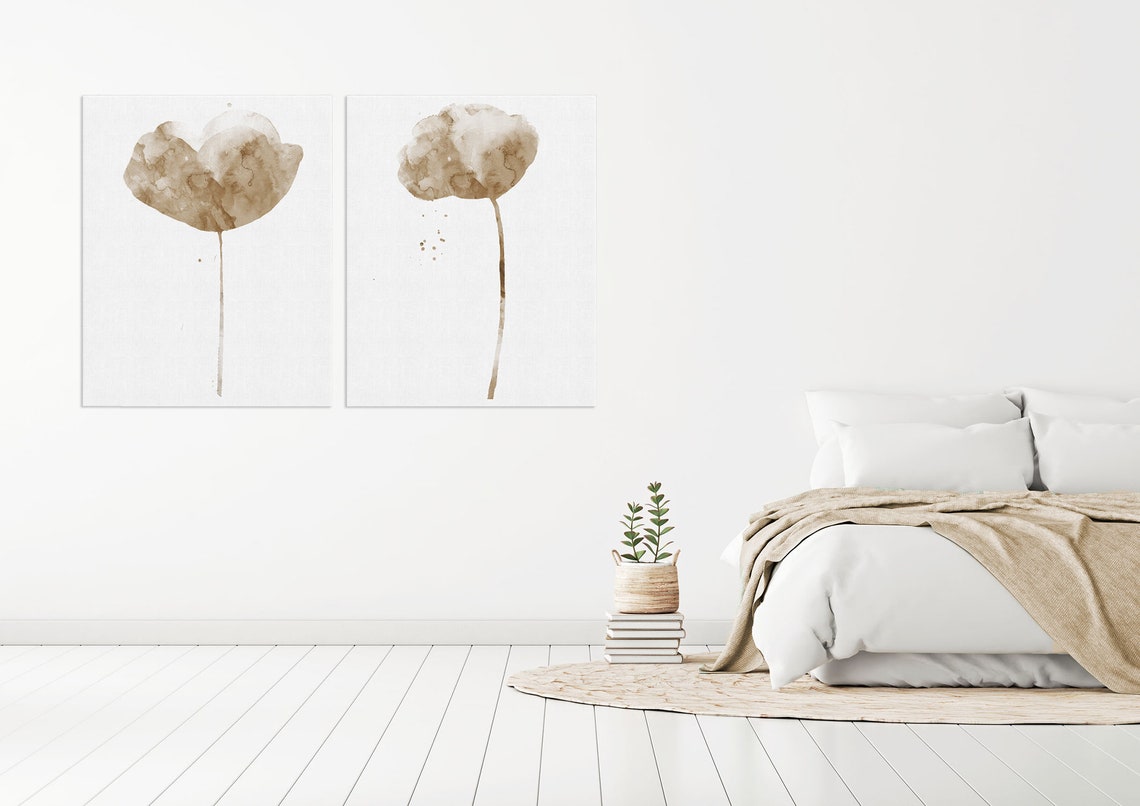 Set of 2 Taupe Wall Art Watercolor Flower Art Prints Etsy