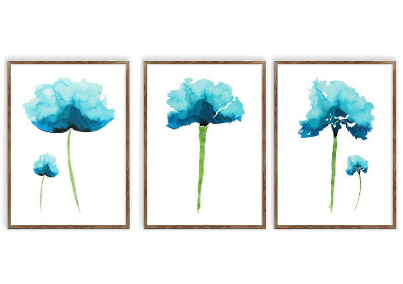 Set of 3 Art Prints Teal Décor Abstract Flower Botanical Etsy