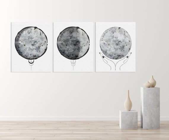 Set of 3 Moon Prints, Printable Moon Art, Black and White Decor, Bedroom Wall Art, Moon Phase, Moon Wall Art, Download Moon Phases Art Print