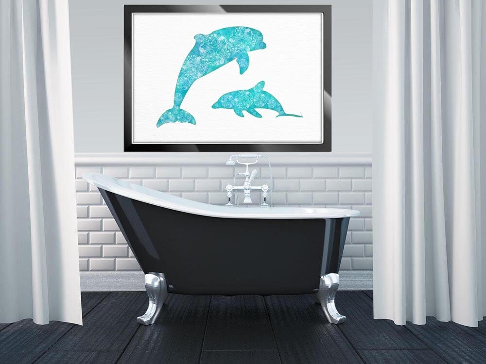Dolphin Art Print Watercolor Wall Art Teal Home Decor Bathroom Decor Zentangle Art Dolphin Poster Animal Art Dolphins Love Sealife