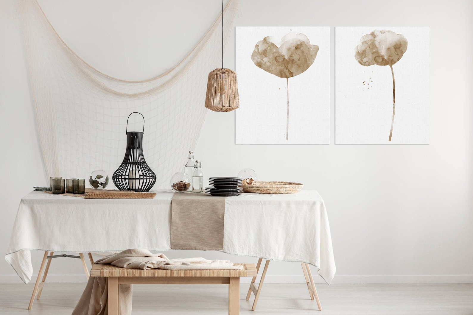 Set of 2 Taupe Wall Art Watercolor Flower Art Prints Etsy