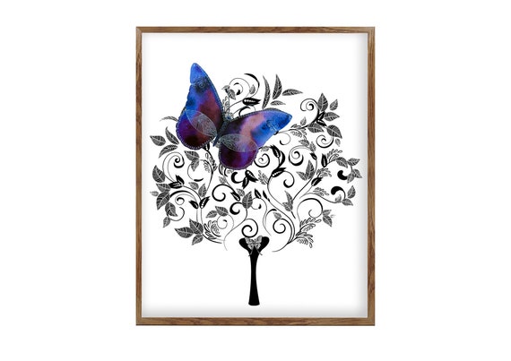 Doodle Illustration, Watercolor Flower, Floral Butterfly, Nature Art, Purple Decoration, Teen Girl Room, Gift For Her, Bedroom Wall Art