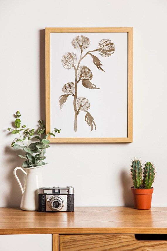 Cotton Flower Painting, Minimalist Art Print, Watercolor Plant, Floral Wall Art, Botanical Wall Décor, Living Room Décor Canvas Large Print