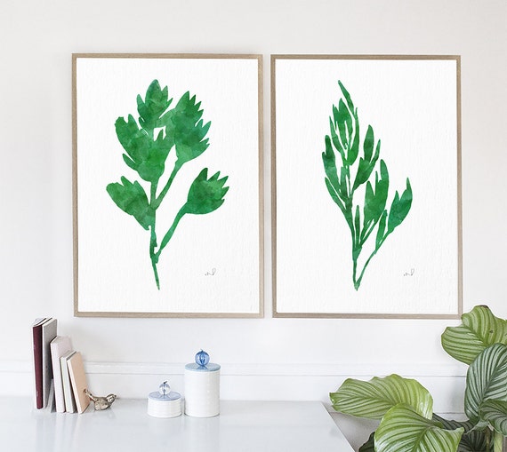 Garden Herbs Prints, Watercolor art prints, Set of 2 Watercolor Abstract, Green Prints, Kitchen Wall Art, Home Decor, Unframed Art Prints