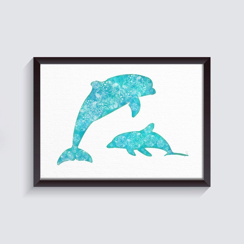 Dolphin Art Print Watercolor Wall Art Teal Home Decor Bathroom Decor Zentangle Art Dolphin Poster Animal Art Dolphins Love Sealife