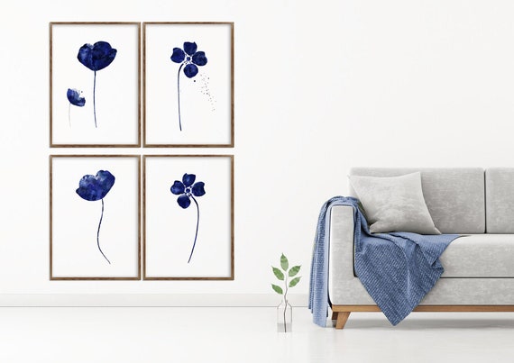 Flower Print, Set Of 4, Navy Blue, Wall Art, Watercolor Painting, Home Décor, Floral Décor