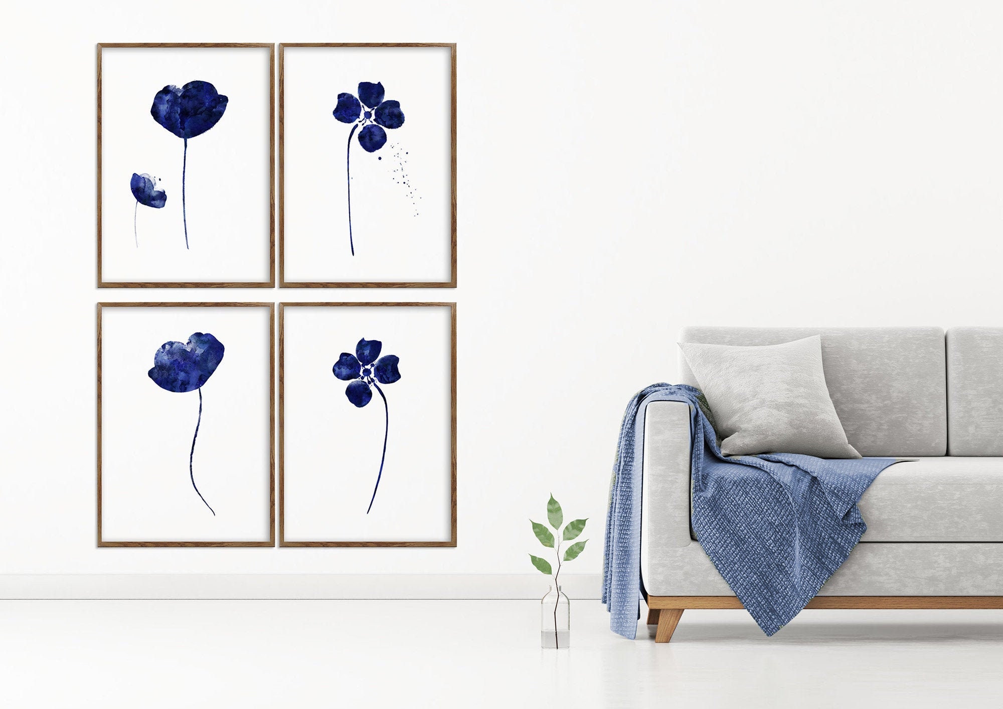 Flower Print, Set Of 4, Navy Blue, Wall Art, Watercolor Painting, Home