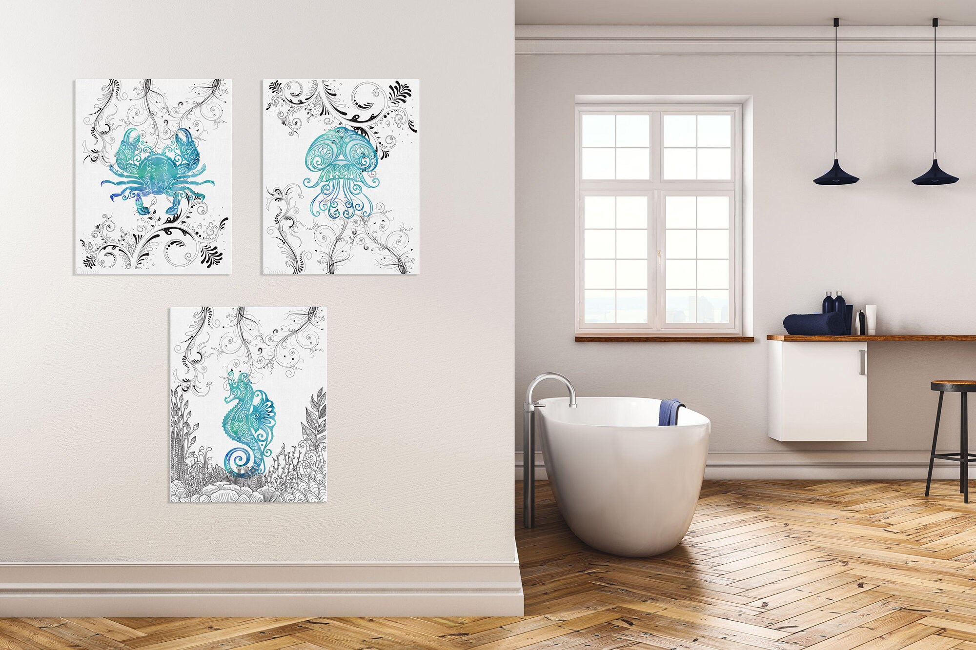 Sea Life Wall Art Set of 3 Print Nautical Wall Art Bathroom | Etsy