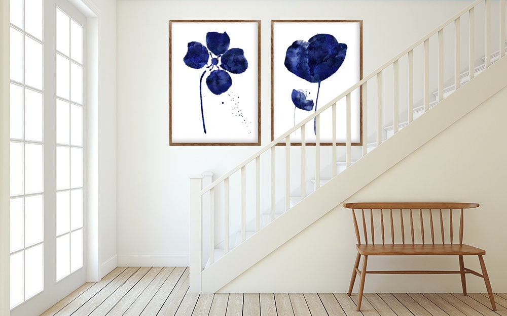 SALE, Navy Blue Decor, Set Of 2, Abstract Flowers, Special