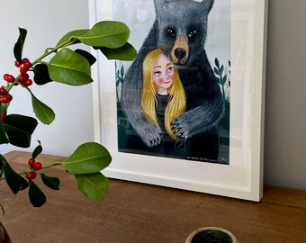 Stampa artistica con abbraccio d'orso, ragazza con amico orso e decorazione da parete per bambina, regalo per bambina per la cameretta dei bambini, decorazione da parete per camera da letto