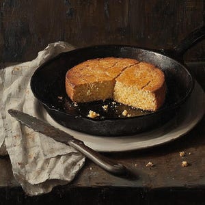 Puede incluir: Un pan de maíz redondo y dorado, cortado en cuñas, se encuentra en una sartén de hierro fundido negro. La sartén descansa sobre un plato blanco, junto a un cuchillo y un paño blanco arrugado. La escena se desarrolla sobre una superficie de madera oscura.