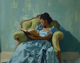 May include: A painting of a person in a light blue dress reading a book while seated in a green ornate armchair. The background is a light teal color. The person has dark hair and is focused on the book.