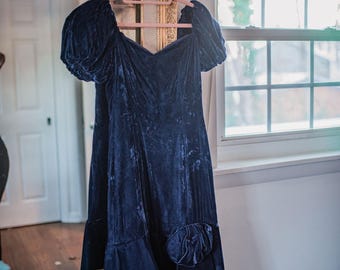 Vintage Velvet Dark Navy Dress - Puff-Sleeved Drop Waist Dress