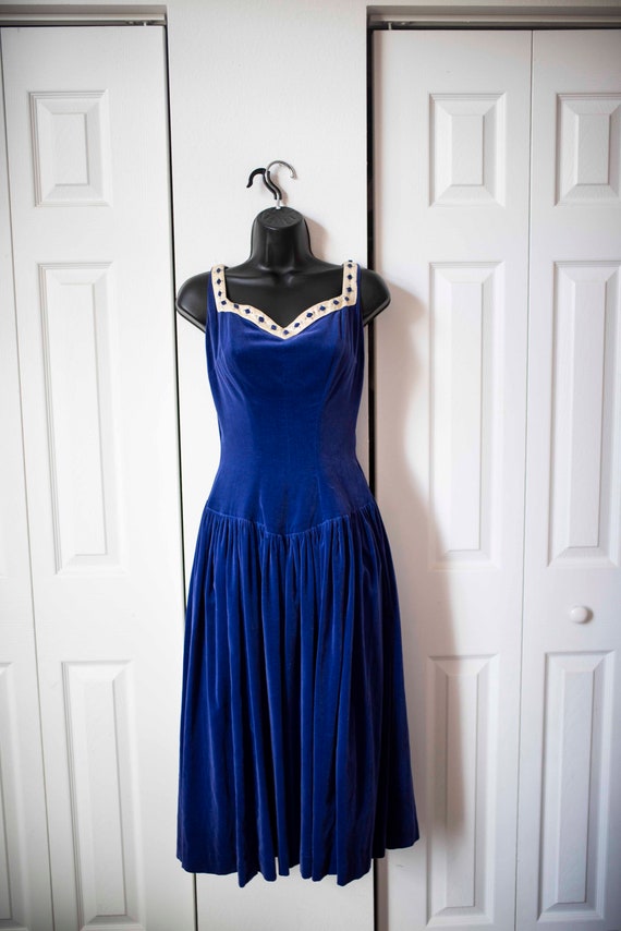 Tardis Blue Vintage Dress || 1960s "Velvet" Dress… - image 1