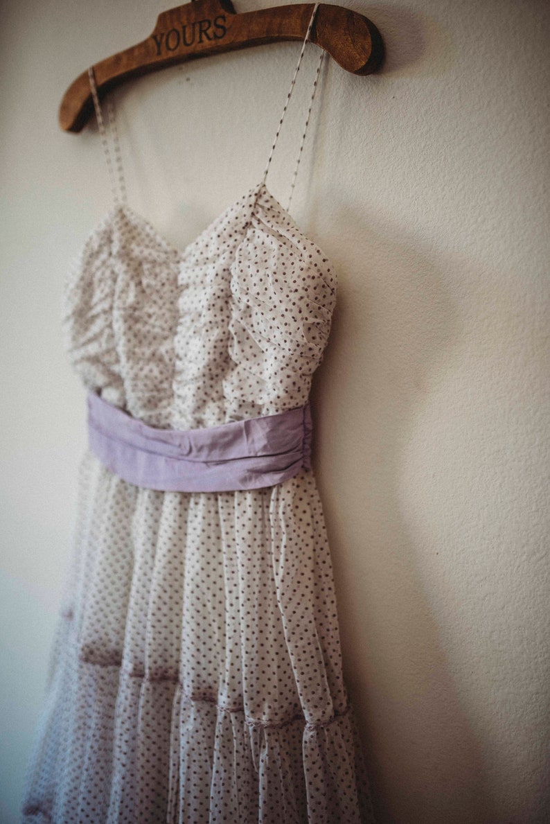 Purple /& White Prom Dress Vintage Prairie Dress Vintage Swiss Dot Dress