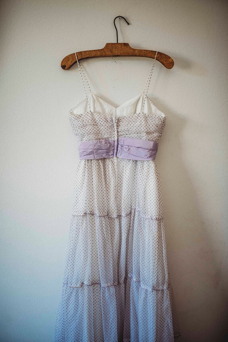 Purple /& White Prom Dress Vintage Prairie Dress Vintage Swiss Dot Dress