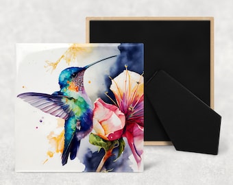 Watercolor Hummingbird Art Decorative Ceramic Tile with Optional Easel Back - Available in 3 Sizes