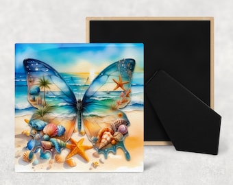 Watercolor Beach Butterflies Art Decorative Ceramic Tile with Optional Easel Back - Available in 3 Sizes